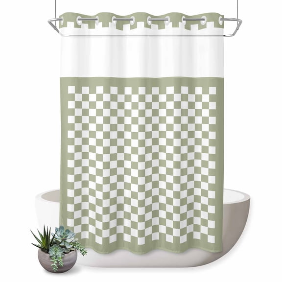 No Hook Shower Curtain, Sage Green Plaid Shower Curtains for Bathroom with See Through Top Window, Farmhouse Green White Checkered Lace Waterproof & Washable Bath Curtain Extra Long 72"x96"