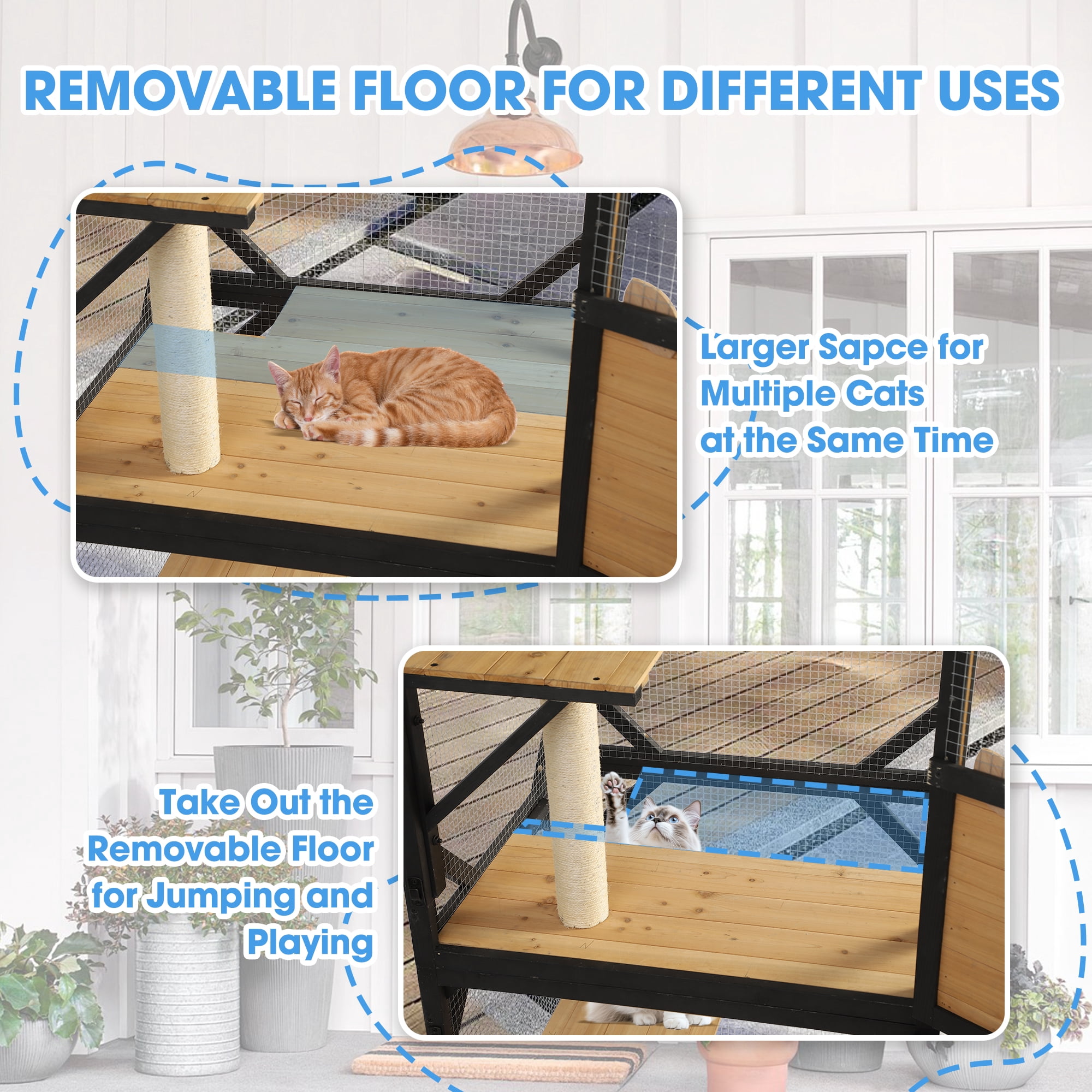 Haverchair Catio Outdoor Cat Enclosure with Scratcher - 4-Tier Large Indoor Wooden Window Catio Cat House W/Asphalt Waterproof Roof, Wheels, Resting Box, Platforms, Cat Toys Ball, Pet Cage Playpen
