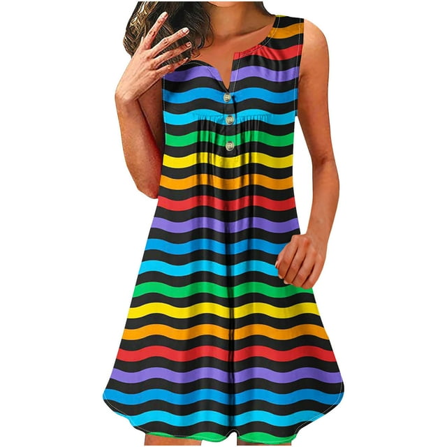 Vestido sin Mangas para las Mujeres Pullover de Botón, Vestido de Poliéster Impreso Casual, Ropa Diaria de Verano sin Mangas de las Mujeres