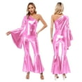 thumbnail image 4 of Sxiwei Womens Metallic Shiny Bell-Bottom Dance Jumpsuit Romper 70s Disco Hippie Costume Clubwear Pink 3XL, 4 of 6