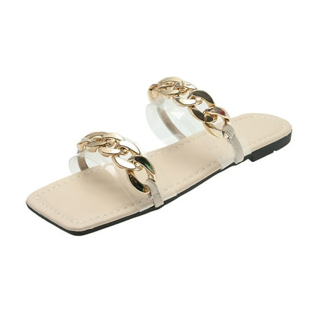 

House Slippers For Women Fashion Summer Women Slippers Flat Transparent Strap Open Toe Chain Solid Color Flat Casual