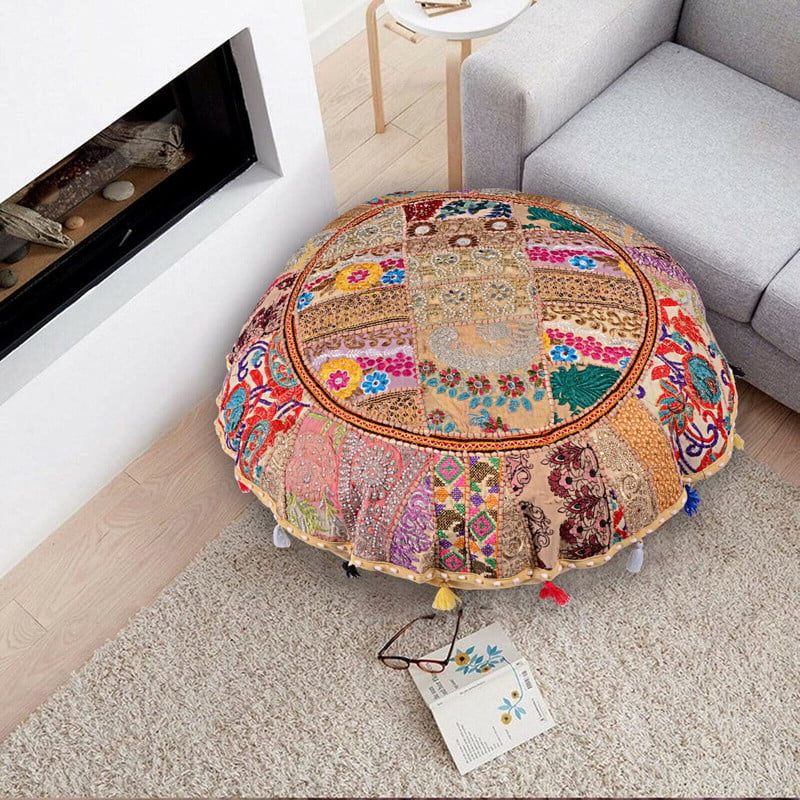 Indian Handmade Patchwork Codework Round Pouf Cover Ottoman Floor Pillow Cushion Seating Throw Decorative Pillow Cases