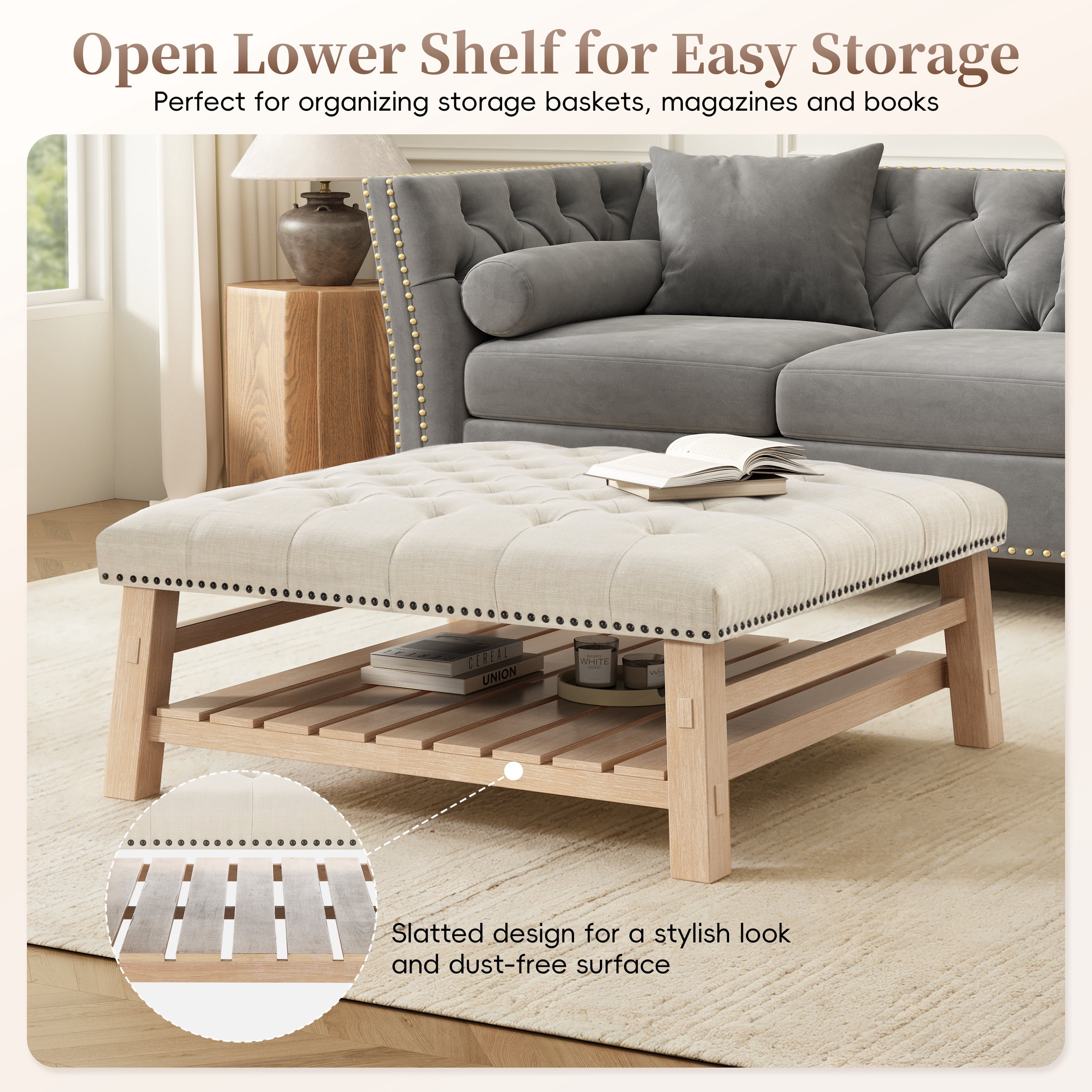Euroco Large Square Ottoman Coffee Table,Linen Upholstered Footrest Ottoman with Shelf Storage,Nailhead Trim & Solid Wood Legs for Bedroom Living Room,Beige