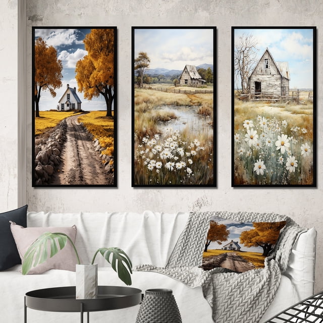 Designart "Farmhouse Rural gracefulness I" Landscape & Nature Framed Wall Art Set Of 3 - Yellow Farm Frame Gallery Set For Office Decor