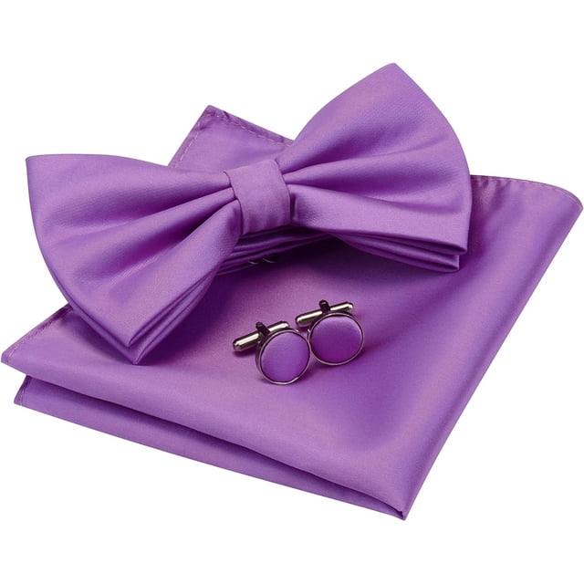 LAICAIW Mens Solid Color Double Fold Pre-tied Bow Tie and Pocket Square Cufflink Set with Gift Box
