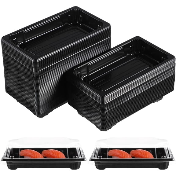 Black Disposable Sushi Containers with Lids 5.3 Inch Rectangle Food Packaging Trays 100 Pack