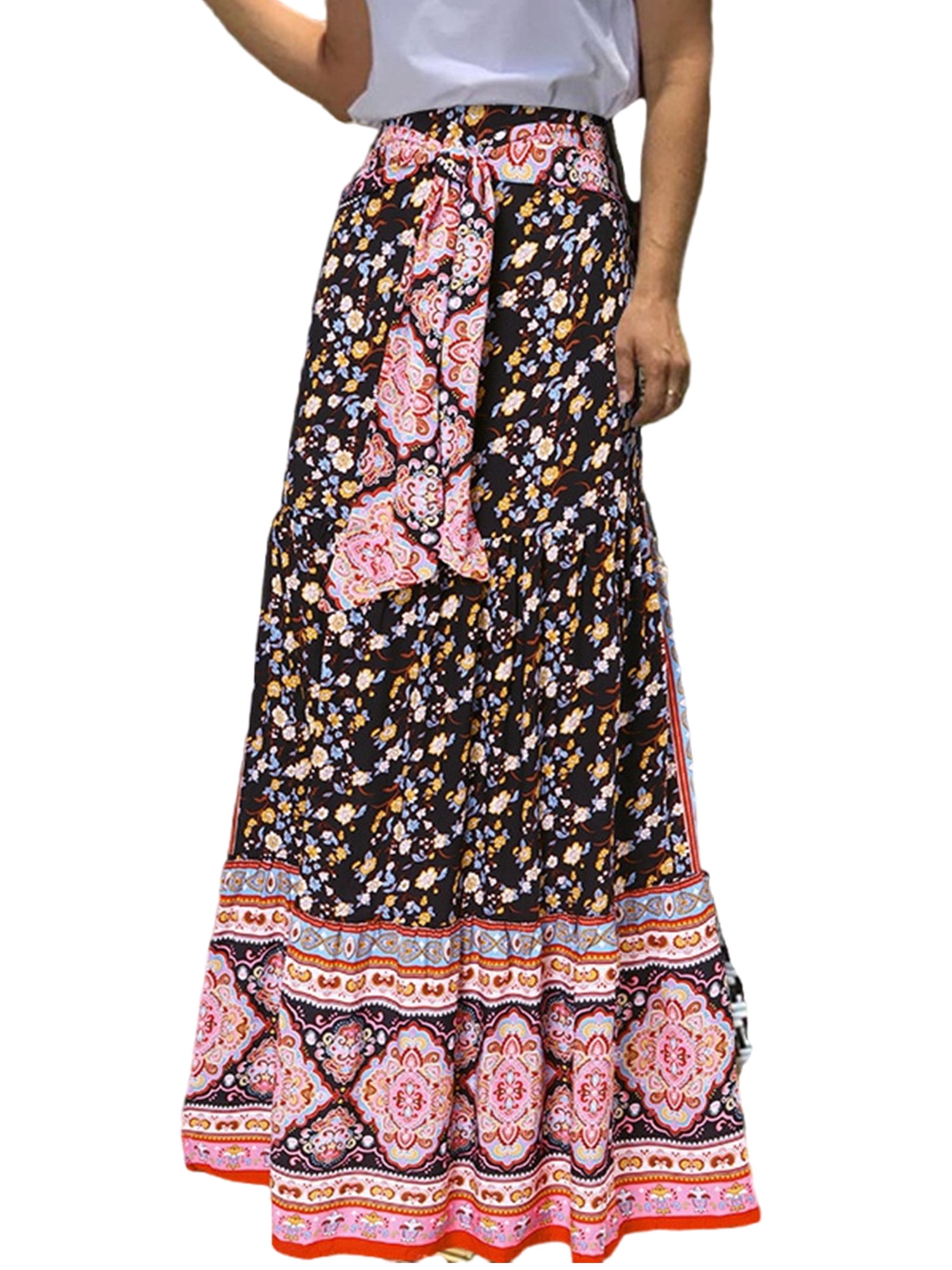 Abtel Women Maxi Skirt Floral Print Long Skirts Loose Ladies Boho Summer Black 3XL