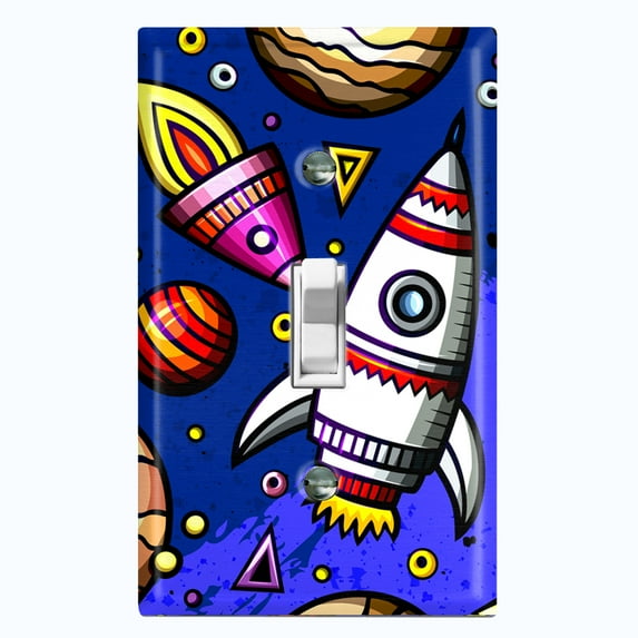 Metal Light Switch Wall Plate Outlet Cover (Spaceship UFO Astronaut Rocket Outerspace Star Dark Purple- Single Toggle)