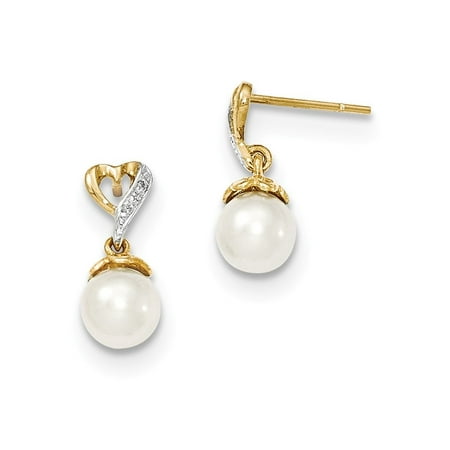 - 14k Yellow Gold 7mm Round Freshwater Cultured Pearl .01ct Heart Diamond Drop Dangle Chandelier Post Stud Earrings Love