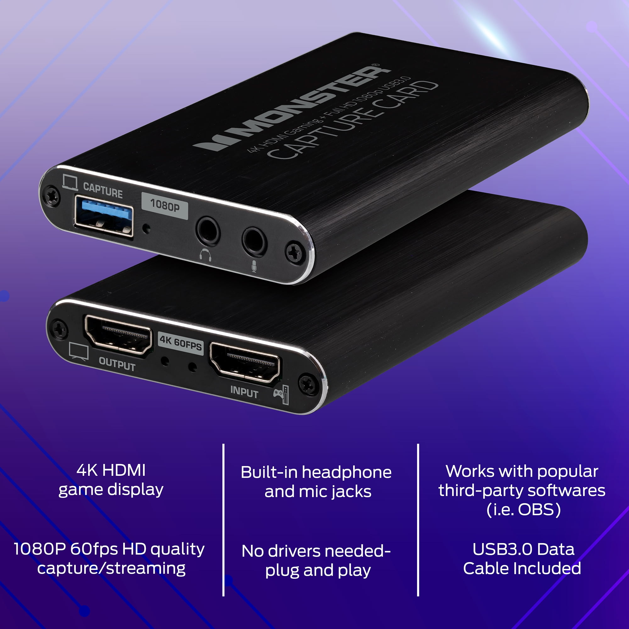 Monster HDMI Capture Card, 4K Full HD 1080P USB 3.0 Audio and Video Device, Black