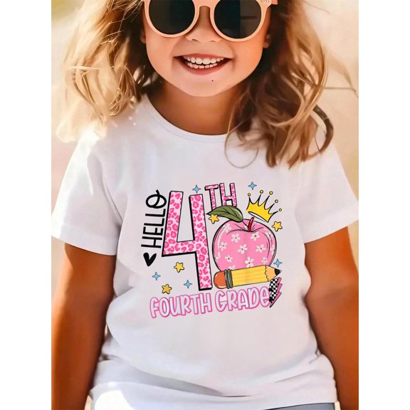 Hello 4th Fourth Grade Back To School Teacher Pink Leopard Kids for Men Women Girls Cotton Graphic Tee Comfortable boys girls T-Shirt