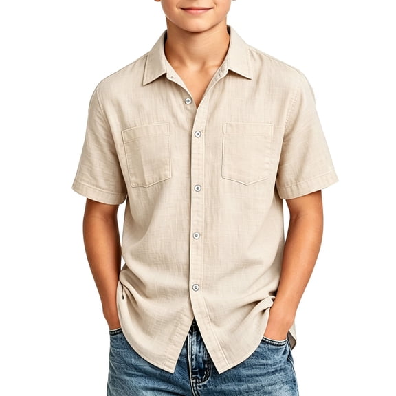 OGLCCG Boys Button Down Shirts Cotton Linen Casual Short Sleeve Dress Shirt Summer Beach Tops with Pockets Size 5-15