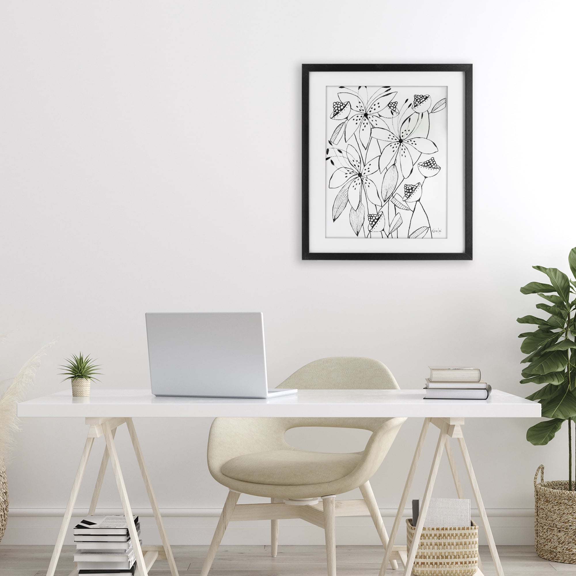 Stupell Industries Open Blooms Outline Black Framed Print Under Glass, design by Krinlox