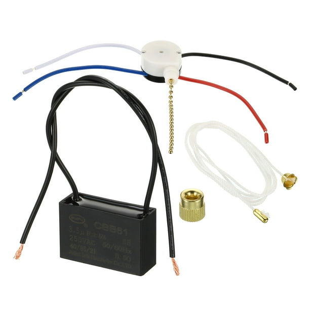 Capacitor de ventilador de techo CBB61, 1 set 3.5uF 250VAC 2 cables con interruptor de ventilador de 3 velocidades