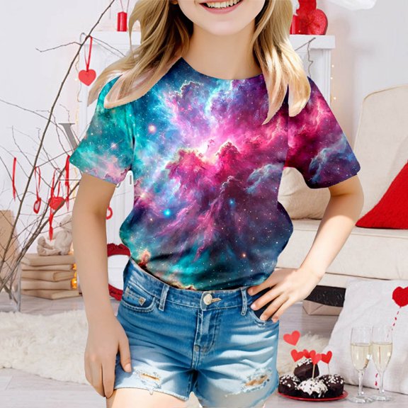 Toddler Girls Cute Short Sleeve T Shirts Fashionable Starry Sky Printed Round Neck T-Shirt Top Size 3-4T ,Green