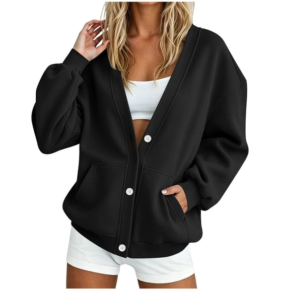 Jerdar Women V Neck Button Down Pocket Long Sleeve Loose Hoodless Sweatshirt Cardigan Spring Fall Winter Daily Casual Tops L