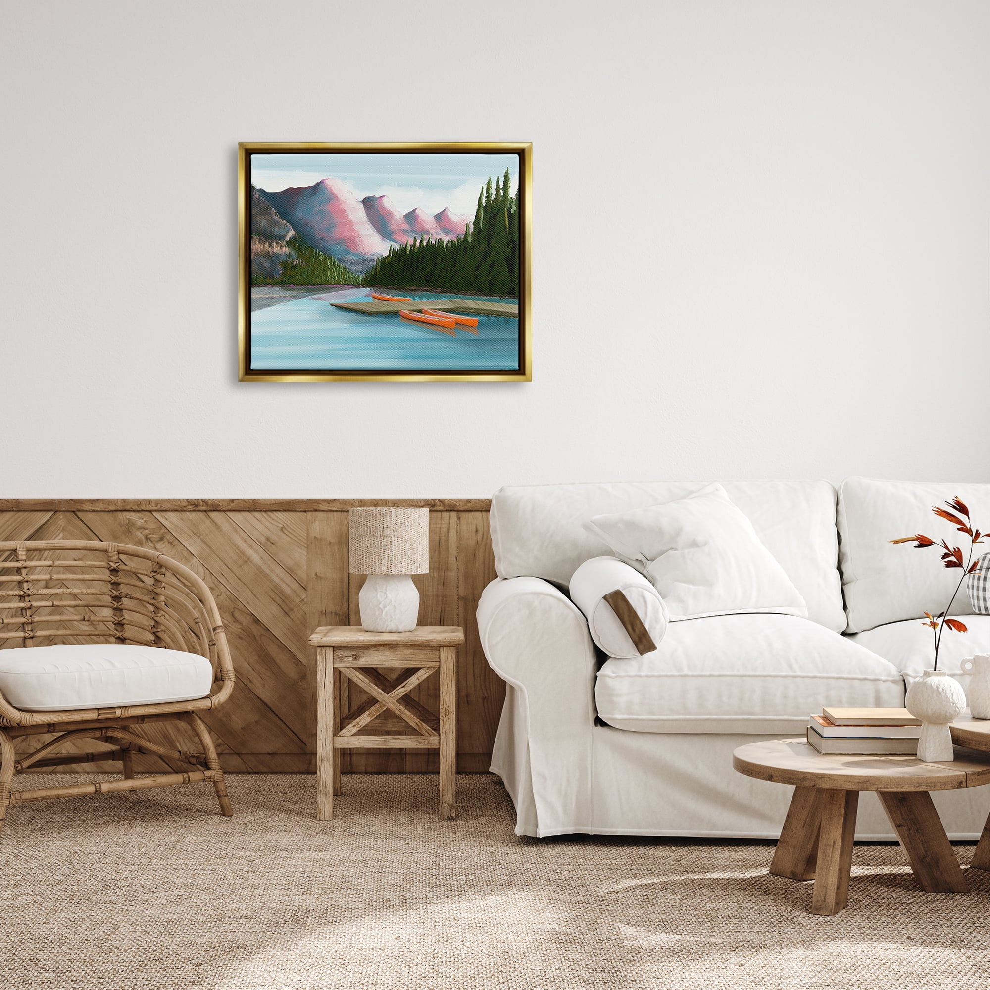 Stupell Calming Lake Camp Nature Canoes Landscape Painting Gold Floater Framed Art Print Wall Art