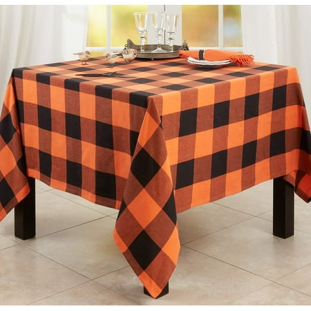 

Fennco Styles Rustic Buffalo Plaid Cotton Tablecloth 72 Round - Black Orange Table Cover for Everyday Use Farmhouse Banquets Thanksgiving Halloween Special Events
