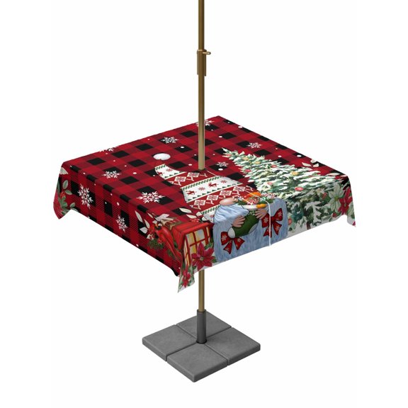 Outdoor Tablecloth with Umbrella Hole and Zipper, Red Plaid Christmas Square Table Cloth 54x54 Inch Waterproof Tablecloth, Xmas Tree Gnomes Poinsettia Snowflake Picnic Table Cover for Patio Camping
