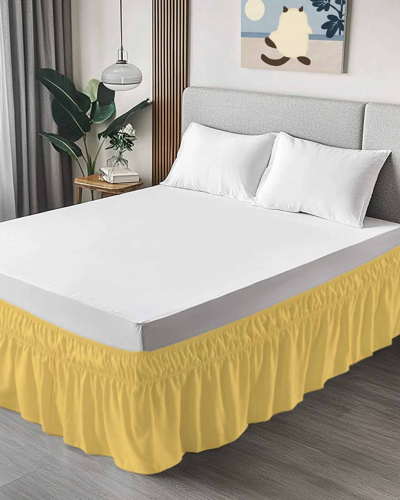 Solid Color Bed Skirt Yellow Bed Skirts Queen Size 18 Inch Drop, Wrap Around Dust Ruffle&nbsp;Bedskirt with Adjustable Elastic Belt for Queen Size Beds