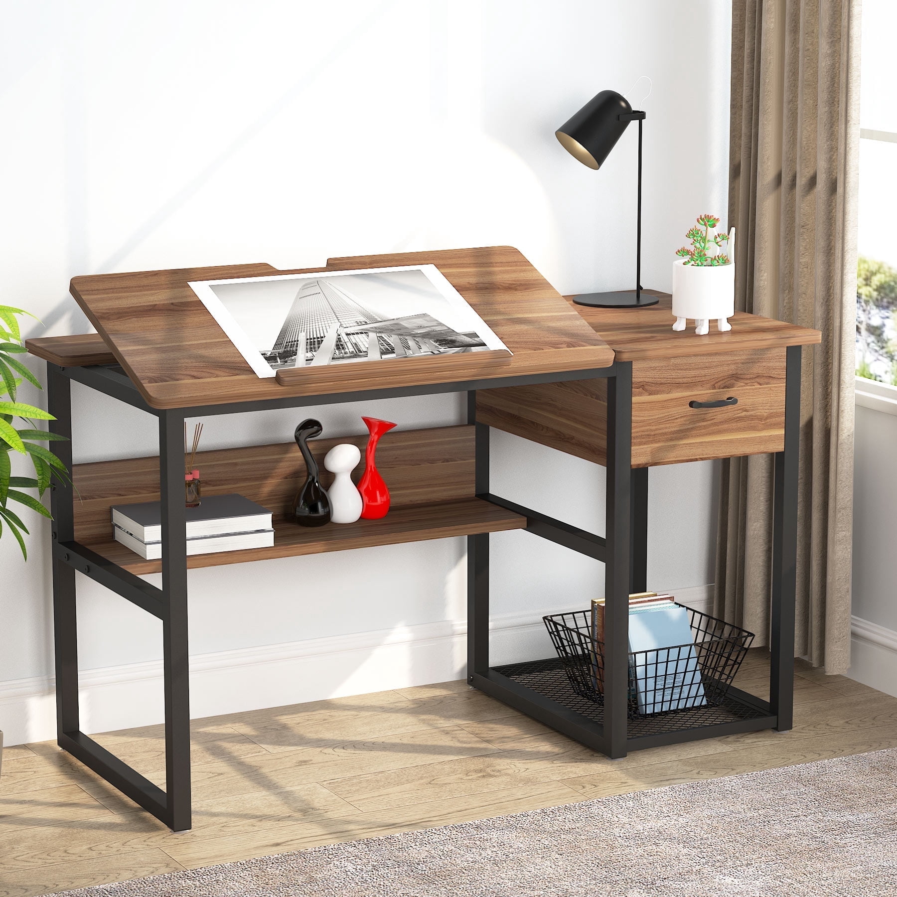 Tribesigns Drawing Computer Desk with Tiltable Tabletop, Painting Drafting Desk Workstation with Storage Shelves and Drawer for Students, Home Office