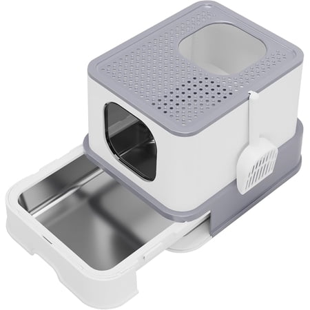 Stainless Steel Cat Box: Large Gray Enclosed Design Litter Pan - High-Edged & Teflon Coating - for Superior Odor Control & Easy-Clean Drawer - Ideal for Multi-Cat Homes Garage