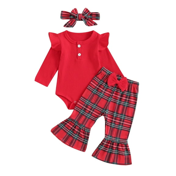 Elippeo Baby Girls 3 Piece Outfits 3M 6M 9M 12M 18M Christmas Ribbed Long Sleeves Romper and Elastic Plaid Flared Pants Headband Set Fall Clothes
