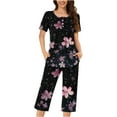 thumbnail image 2 of Summer Weekly Deal kttectoa Trendy Button Pleated Loungewear Sets for Women Floral Print Round Neck Short Sleeve Elastic Waist Capri Sets for Womens Party, 2 of 5