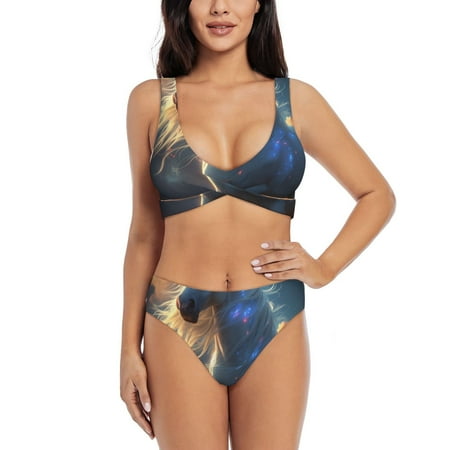 Zeuib Starry Light White Horse High Waisted Tummy Control Bikini Set - Knot Front Push Up Top & Cheeky Thong Bottom  Two-Piece Swimsuit for Women-Large