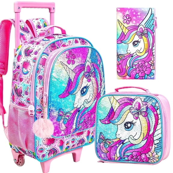 3Pcs Unicorn Rolling Backpack for Girls, Kids School Backpacks with Wheels, Roller Bookbag with Lunch Box for Elementary Preschool(Pink)