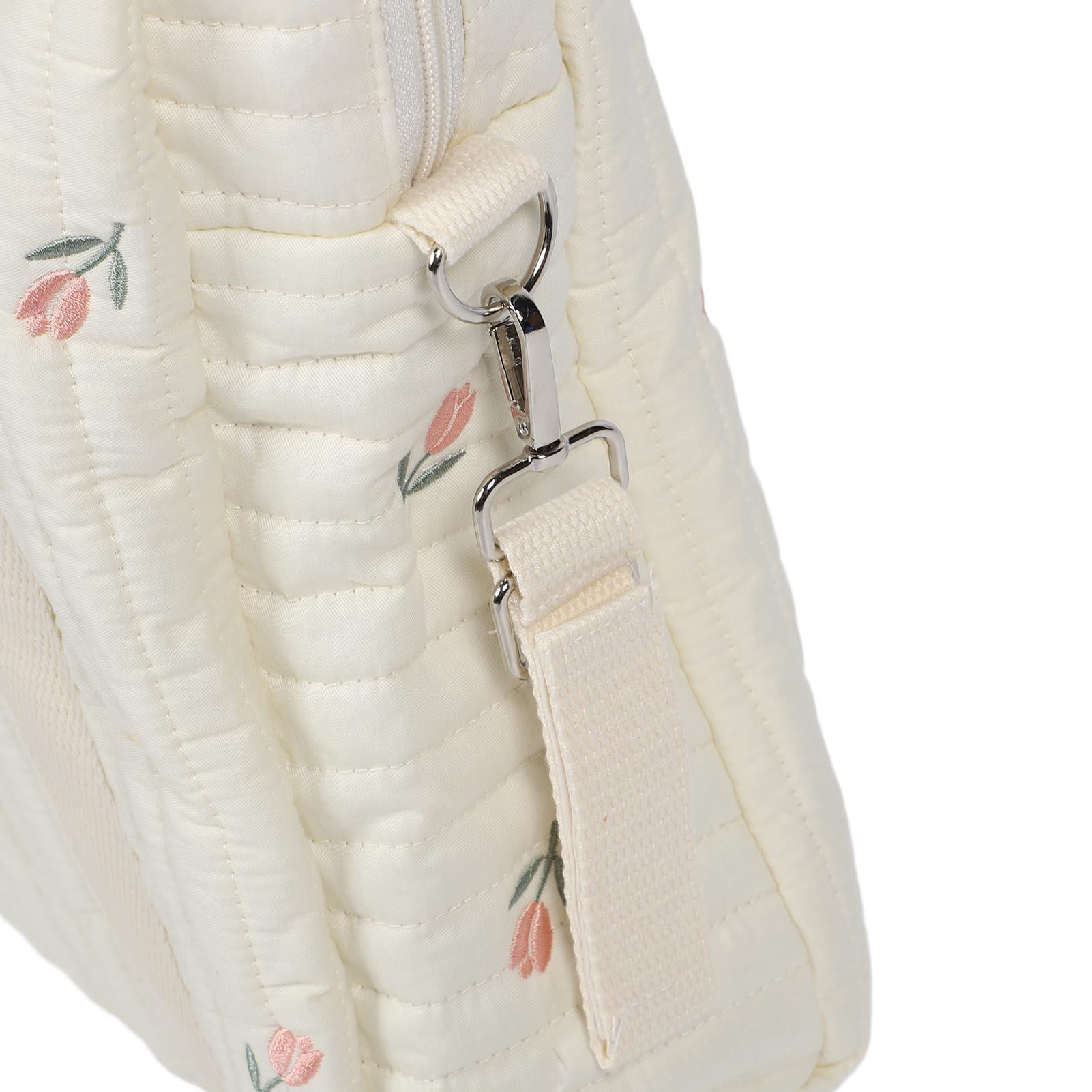 LAZIOEGR Large Capacity Cotton Stroller Hanging Organizer – Stylish Beige Flower Bag for Baby Essentials, Diapers, Bottles, and More