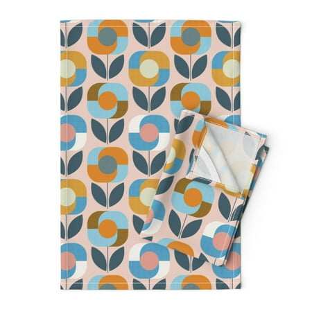 

Printed Tea Towel Linen Cotton Canvas - Fantasy Flowers Bright Orange 70S 60S Scandinavian Mid Print Decorative Kitchen Towel by Spoonflower