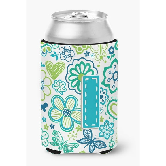 Letter I Flowers and Butterflies Teal Blue Can or Bottle Hugger