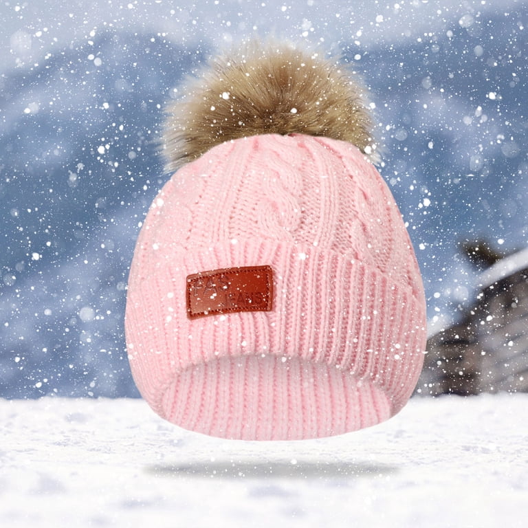 Cozy Women's Winter Beanie Hat - Wool Knit With Glitter Crystals & Big Faux Fur Pom Pom For Ski & Snow (Rose Pink)