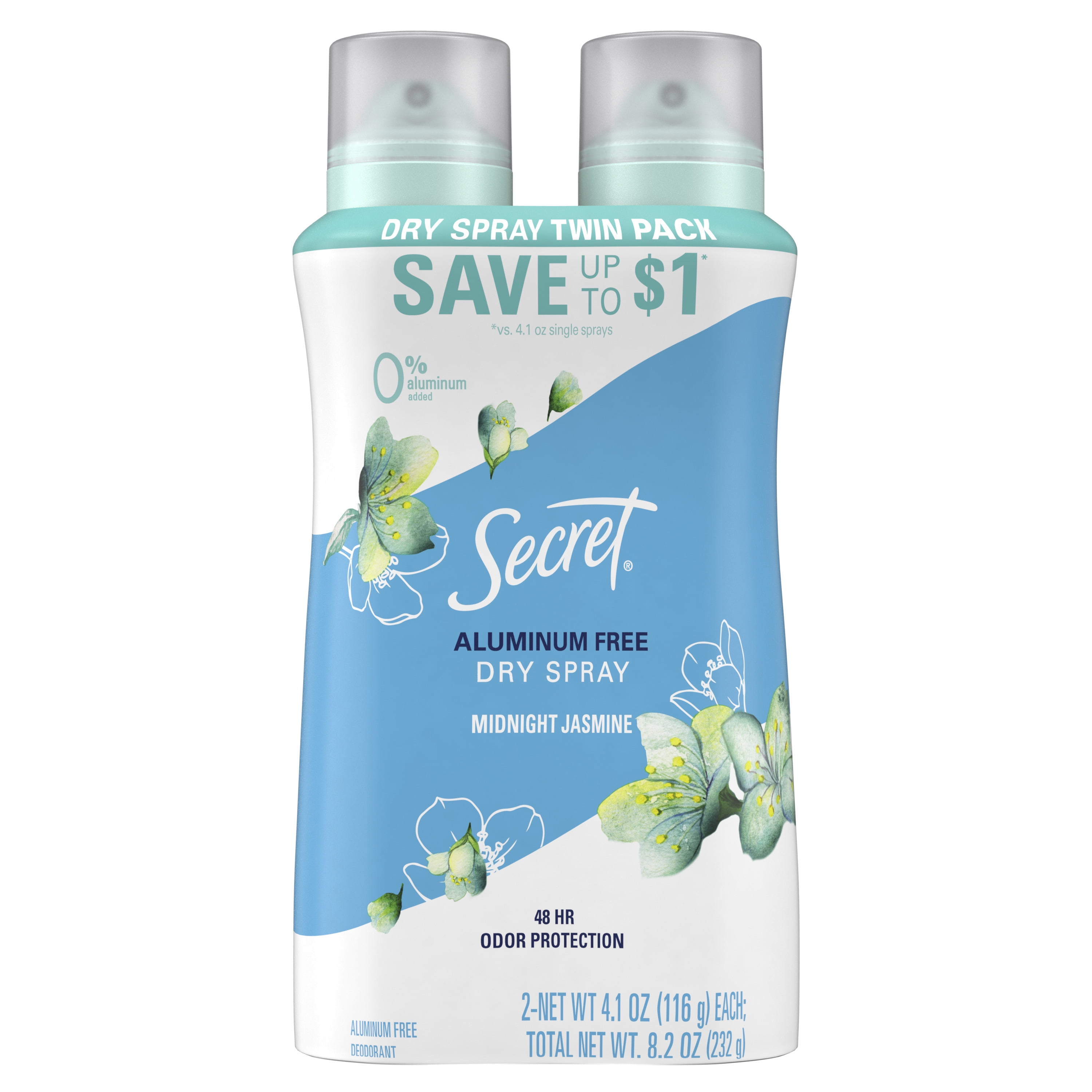 Secret Dry Spray Aluminum Free Deodorant for Women, Midnight Jasmine, 4.1oz, Pack of 2