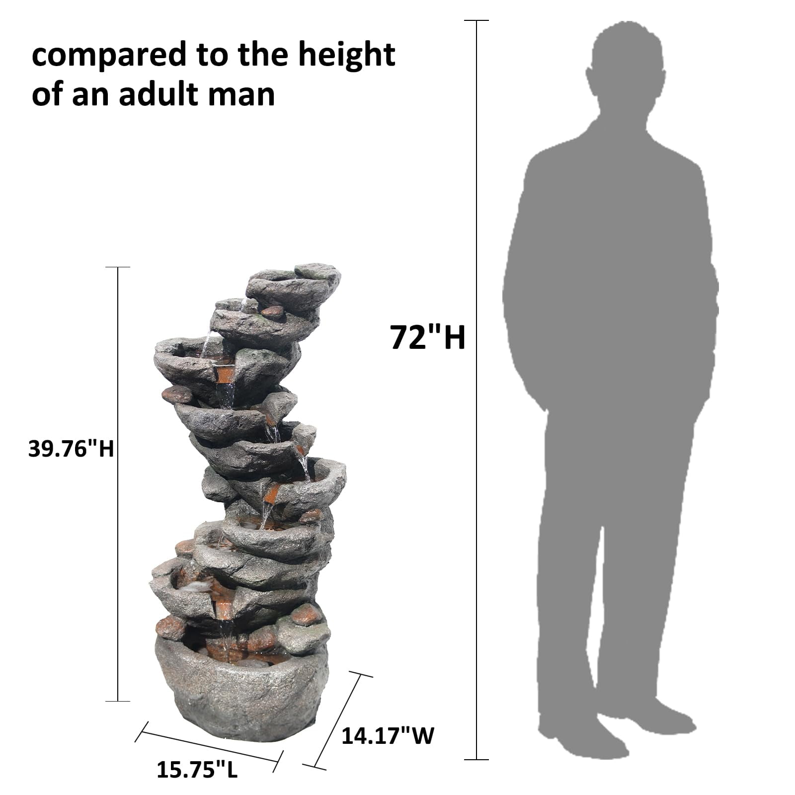 10-Tier Cascading Rock Water Fountain Outdoor Garden Waterfall Fountains Patio Backyard Deck Porch Pond Art Decor for Outside 39.76" H Outdoor Feature with LED Lights