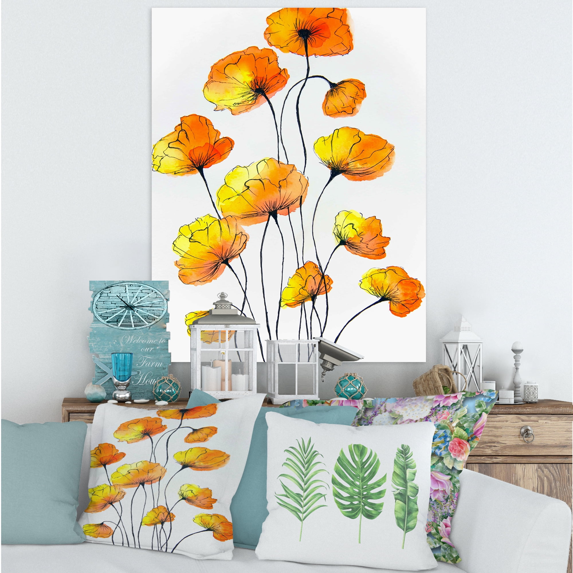 Designart ' Country Yellow Flowers On White ' Traditional Canvas Wall Art Print