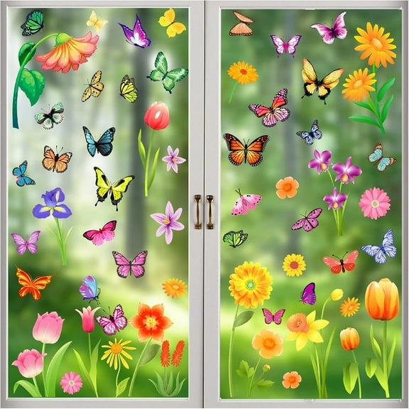 9 Sheets Spring Window Clings, Summer Glass Windows Decorations, Popular Flower Butterfly Window Clings, Summer Window Decorations for Home School Office Party Supplies Gifts