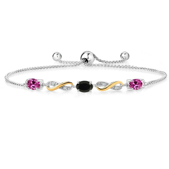 Gem Stone King 1.43 Ct Pink Created Sapphire Black Onyx 925 Silver and 10K Yellow Gold Lab Grown Diamond Adjustable Infinity Bracelet for Women Mother's Mom Wife Her