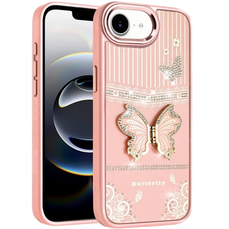 For Apple iPhone 16 E (6.1") Glitter Butterfly Case with 3D Stand Sparkle Hybrid Metallic Edges Protective Phone Cover Slim Fit [Rose Gold]