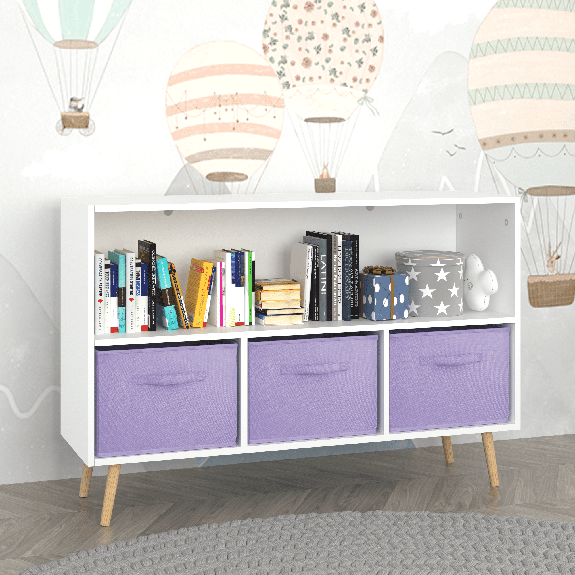 Kids Bookcase with Collapsible Fabric Drawers, Children Book Display & Toy Storage Organizer, White/Purple, Anti-Tip Safety Cabinet