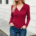 thumbnail image 2 of ZHYou No Boundaries Womens Classic Collar V Neck Long Sleeve Tops,Slim Fit,Stretchy Basic Knitted Shirts,Red,Size S, 2 of 7
