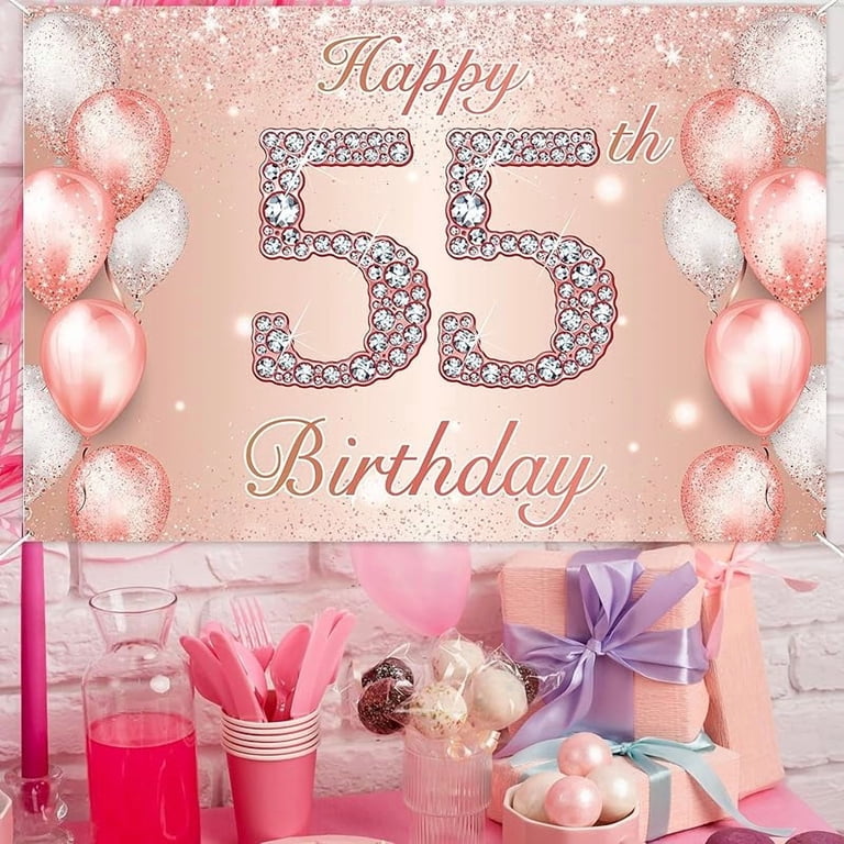 PAKBOOM Happy 55th Birthday Backdrop Banner - 4x6 Ft Pink Purple Gold Party Decor