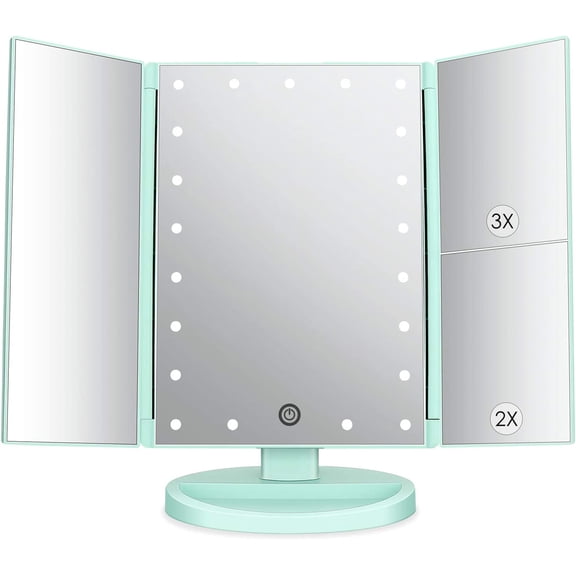 ZJQYDS Tri-Fold Lighted Vanity Tabletop Mount Mirror with 21 LED Lights, Touch Screen and 3X/2X/1X Magnification, Two Power Supply Mode Make up Mirror,Travel Mirror