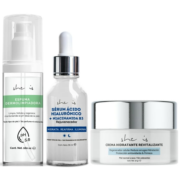 Set Facial Antiedad Plus 3 productos para piel seca y/o piel madura SHE IS SKINCARE