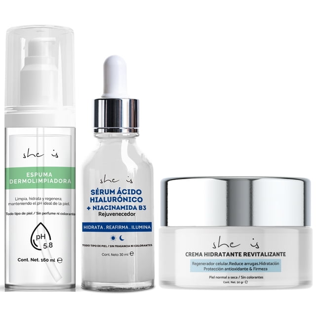 Set Facial Antiedad Plus 3 productos para piel seca y/o piel madura SHE IS SKINCARE