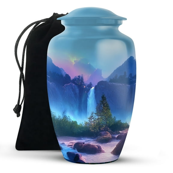 KARYLIZ Waterfall Urn For Ashes Adult Male - Blue Funeral Urns For Men & Women - Mountain Blue Funeral Urns for Mom - Cremation for Human Ashes Adult Female