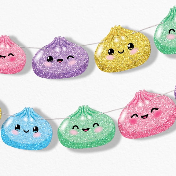 Glitter Dumplings Garland Banner, Kids Birthday Party Decorations Banner Backdrop, 30 Feet of Cord, 15 Double-Sided Assorted Colorful Squishy Party Supplies