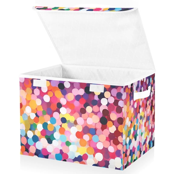 Yayeee Collapsible Cube Storage Bin with Lid Fabric Closet Decorative Basket with Handles, Black Colorful Circles