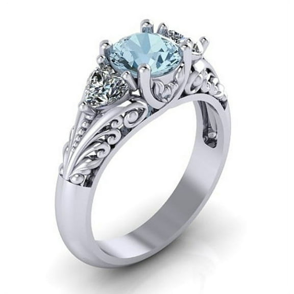 925 Sterling Silver Round Cut Aquamarine Floral Promise Ring